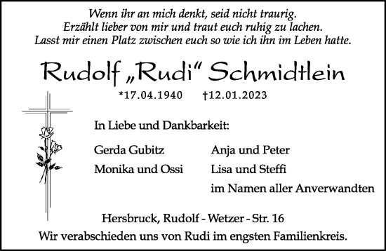 Traueranzeige von Rudolf Schmidtlein von Hersbrucker Zeitung Lokal
