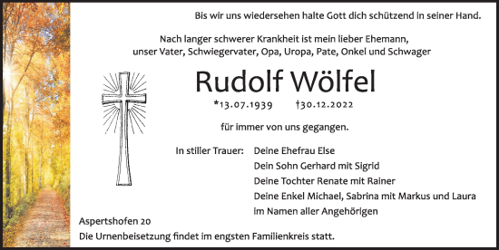 Traueranzeige von Rudolf Wölfel von Hersbrucker Zeitung Lokal