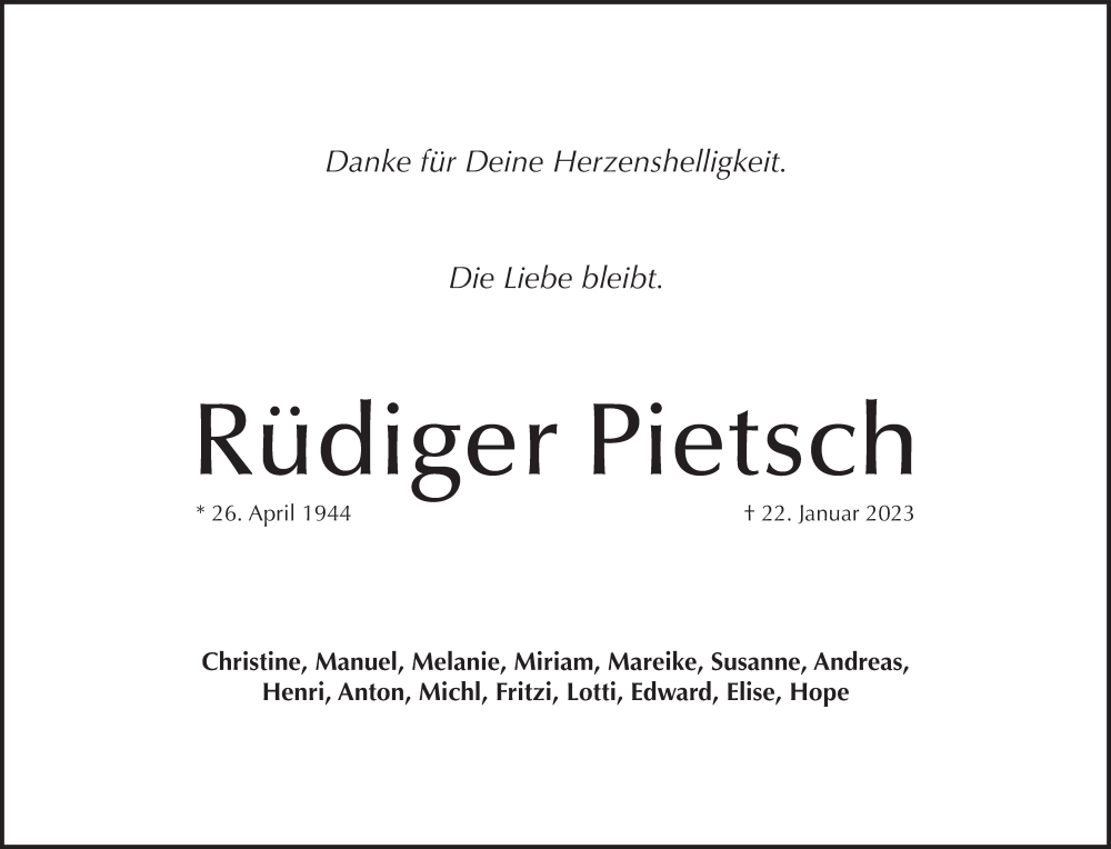  Traueranzeige für Rüdiger Pietsch vom 28.01.2023 aus Pegnitz-Zeitung