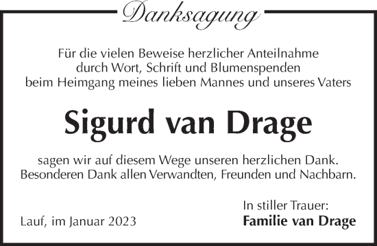 Traueranzeige von Sigurd van Drage von Pegnitz-Zeitung