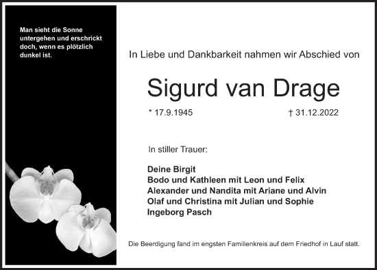 Traueranzeige von Sigurd van Drage von Pegnitz-Zeitung