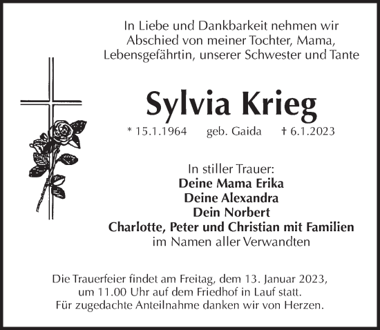 Traueranzeige von Sylvia Krieg von Pegnitz-Zeitung