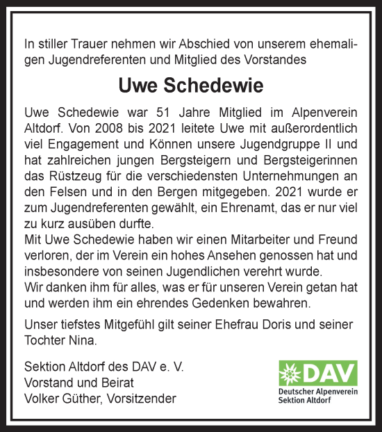Traueranzeige von Uwe Schedewie von Der Bote