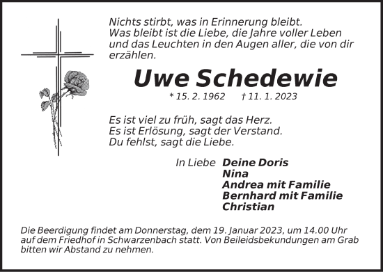 Traueranzeige von Uwe Schedewie von Der Bote