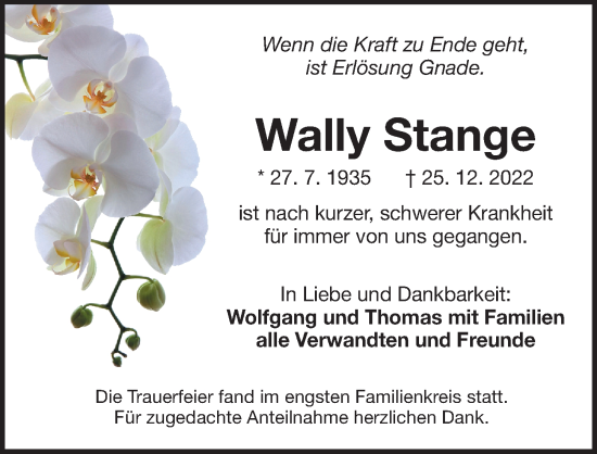 Traueranzeige von Wally Stange von Der Bote