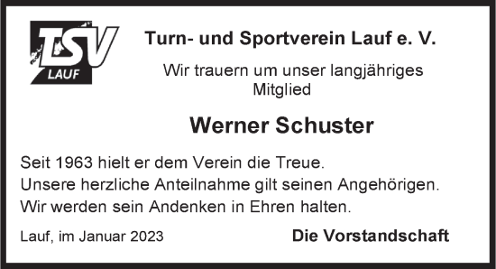 Traueranzeige von Werner Schuster von Pegnitz-Zeitung