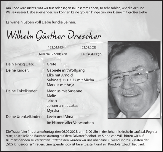 Traueranzeige von Wilhelm Günther Drescher von Pegnitz-Zeitung
