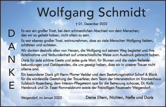 Traueranzeige von Wolfgang Schmidt von Hersbrucker Zeitung Lokal