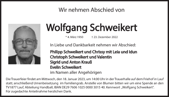 Traueranzeige von Wolfgang Schweikert von Pegnitz-Zeitung