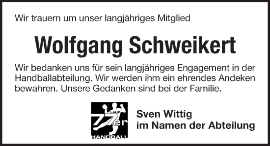 Traueranzeige von Wolfgang Schweikert von Pegnitz-Zeitung
