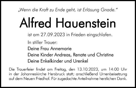 Traueranzeige von Alfred Hauenstein von Hersbrucker Zeitung Lokal