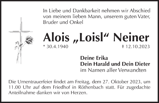 Traueranzeige von Alois Neiner von Pegnitz-Zeitung