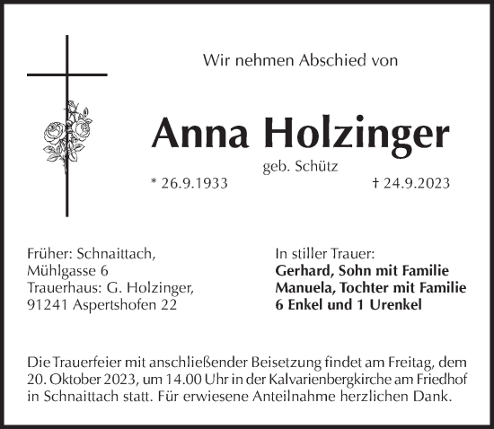 Traueranzeige von Anna Holzinger von Pegnitz-Zeitung