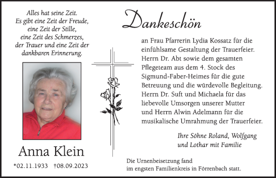 Traueranzeige von Anna Klein von Hersbrucker Zeitung Lokal