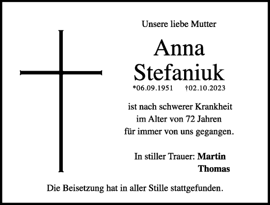 Traueranzeige von Anna Stefaniuk von Hersbrucker Zeitung Lokal