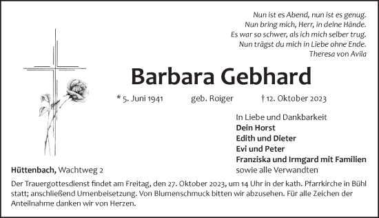 Traueranzeige von Barbara Gebhard von Pegnitz-Zeitung
