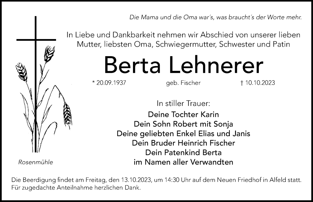  Traueranzeige für Berta Lehnerer vom 12.10.2023 aus Hersbrucker Zeitung Lokal