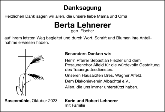 Traueranzeige von Berta Lehnerer von Hersbrucker Zeitung Lokal