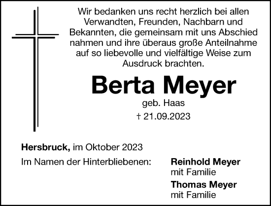 Traueranzeige von Berta Meyer von Hersbrucker Zeitung Lokal