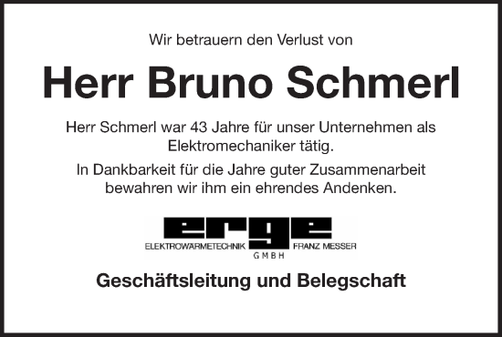 Traueranzeige von Bruno Schmerl von Pegnitz-Zeitung