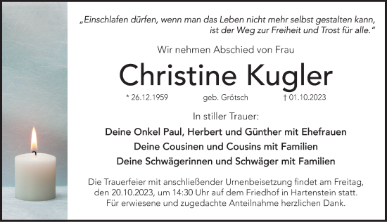 Traueranzeige von Christine Kugler von Hersbrucker Zeitung Lokal