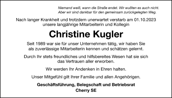 Traueranzeige von Christine Kugler von Hersbrucker Zeitung Lokal