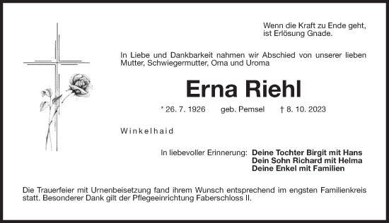 Traueranzeige von Erna Riehl von Der Bote