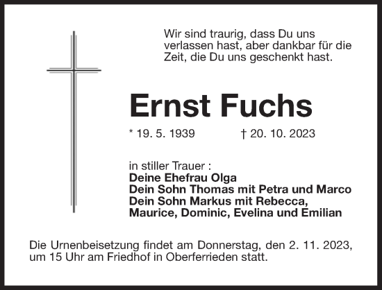 Traueranzeige von Ernst Fuchs von Der Bote