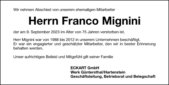 Traueranzeige von Franco Mignini von Hersbrucker Zeitung Lokal