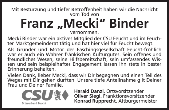 Traueranzeige von Franz Binder von Der Bote