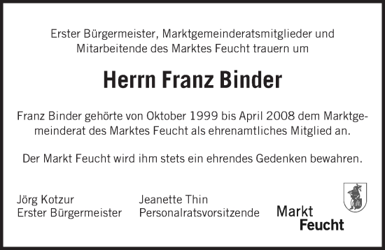 Traueranzeige von Franz Binder von Der Bote