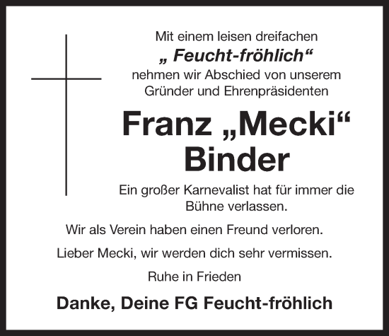 Traueranzeige von Franz Binder von Der Bote