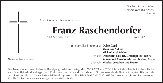 Traueranzeige von Franz Raschendorfer von Pegnitz-Zeitung