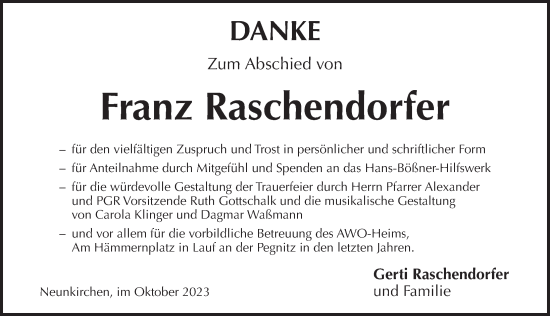 Traueranzeige von Franz Raschendorfer von Pegnitz-Zeitung