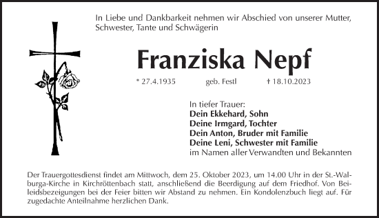 Traueranzeige von Franziska Nepf von Pegnitz-Zeitung