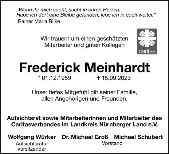 Traueranzeige von Frederick Meinhardt von Hersbrucker Zeitung Lokal