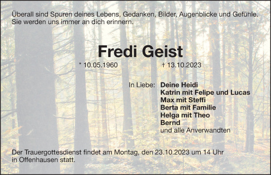 Traueranzeige von Fredi Geist von Hersbrucker Zeitung Lokal
