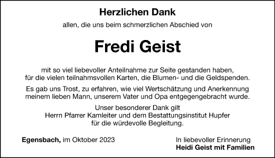 Traueranzeige von Fredi Geist von Hersbrucker Zeitung Lokal