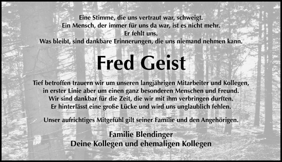Traueranzeige von Fredi Geist von Hersbrucker Zeitung Lokal