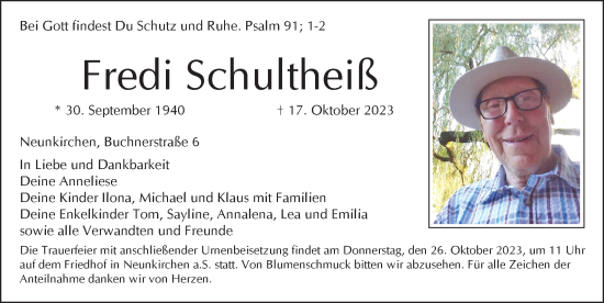 Traueranzeige von Fredi Schultheiß von Pegnitz-Zeitung