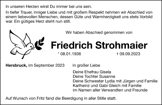 Traueranzeige von Friedrich Strohmaier von Hersbrucker Zeitung Lokal