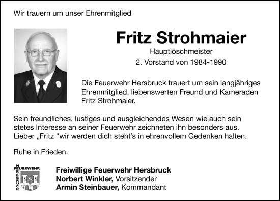 Traueranzeige von Fritz Strohmaier von Hersbrucker Zeitung Lokal