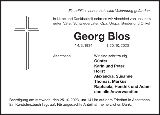 Traueranzeige von Georg Blos von Der Bote