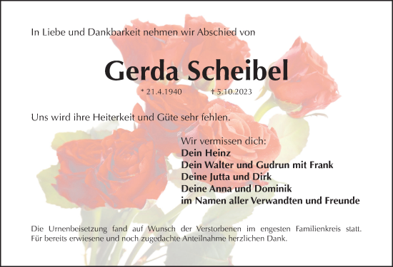 Traueranzeige von Gerda Scheibel von Hersbrucker Zeitung Lokal