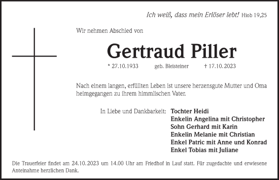 Traueranzeige von Gertraud Piller von Pegnitz-Zeitung