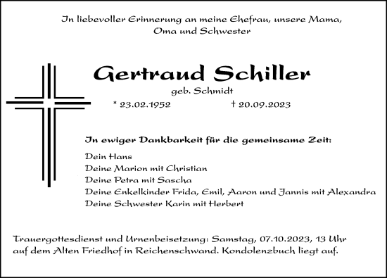 Traueranzeige von Gertraud Schiller von Hersbrucker Zeitung Lokal