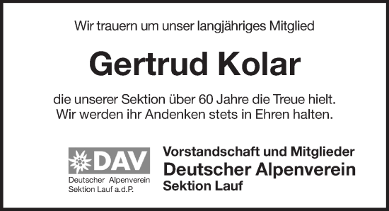 Traueranzeige von Gertrud Kolar von Pegnitz-Zeitung