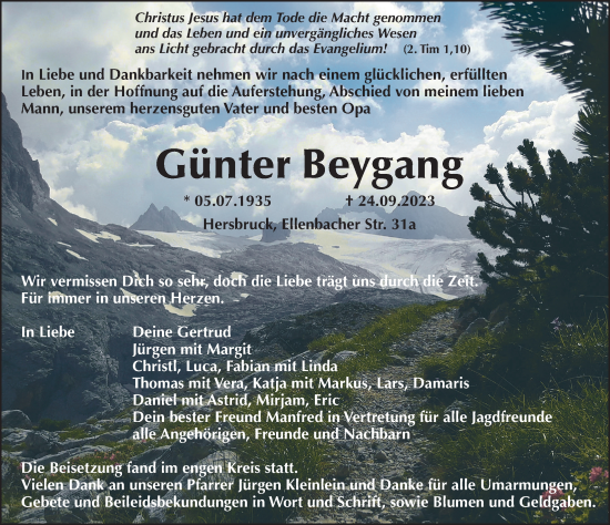 Traueranzeige von Günter Beygang von Hersbrucker Zeitung Lokal