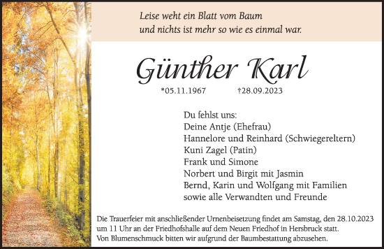 Traueranzeige von Günther Karl von Hersbrucker Zeitung Lokal