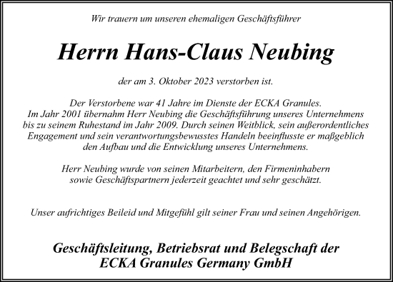 Traueranzeige von Hans-Claus Neubing von Hersbrucker Zeitung Lokal